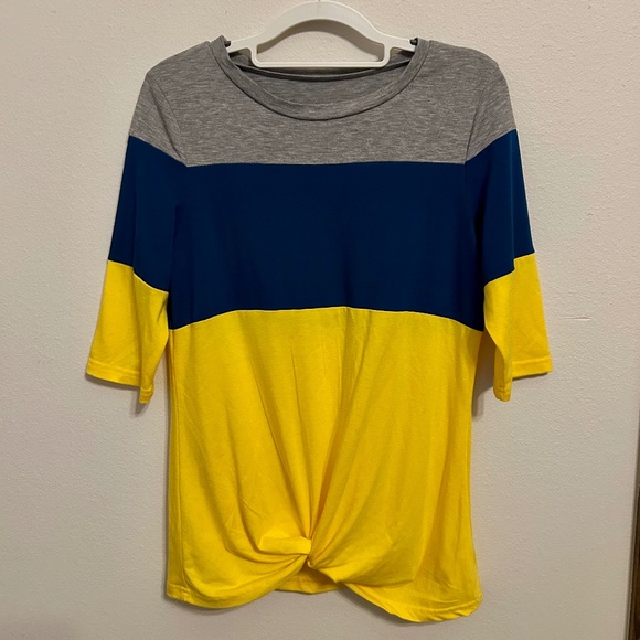 Colorblock Top, Gray, Navy and Yellow, Front Knot, 3/4 Sleeves, Size Small - Picture 1 of 6
